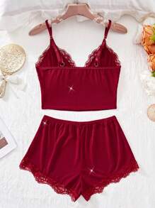 Nuevo conjunto de lencería y ropa interior sexy para mujer de 2 piezas, conjunto de lencería con contraste floral y encaje, top con cuello en V de unicolor con moño y shorts