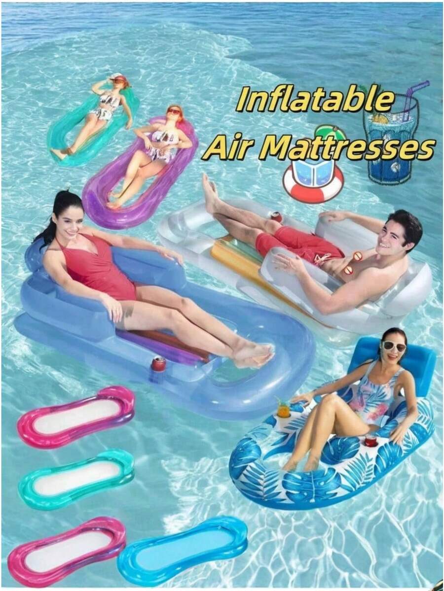 A Large Inflatable Floating Bed Suitable For Adults To Lie Down, Relax, Enjoy Sunbathing, And Rest. The Inflatable Swimming Floating Bed Hammock With Soft Mesh Center, Water Lounge, Swimming Pool Float Are Perfect For Summer Outdoor Beach Games, Swimming Pool Parties, And Reusable Color Blocked Headrests. Thickened, With Multiple Colors To Choose From, Beach Essentials, Beach Accessories - Multicolor - View 1