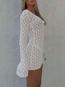 Vestido de suéter corto de punto sólido con cuello en V, mangas largas y hombros huecos para mujer talla grande, vestido playero transparente con nudo, botón de ganchillo y Bikini sexy, primavera, verano, otoño