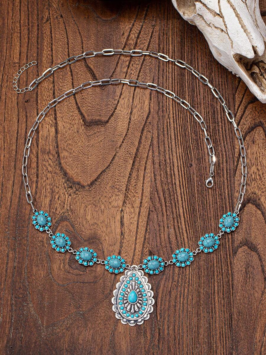 1 件仿古银西式绿松石装饰康乔奖章长项链女士 - 復古銀色 - 查看 1