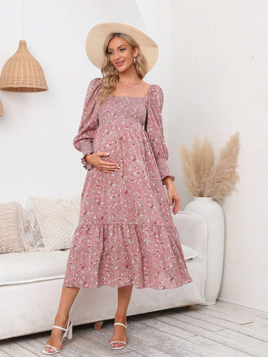Maternity Ditsy Floral Chiffon Dress With Long Sleeves, Spring New Arrival - Pink - View 1