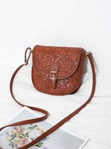 Bolso cruzado con estampado de flores en relieve para mujer, bolso de hombro vintage tipo silla de montar, bolso bandolera de mujer de piel sintética PU con diseño lindo para teléfono celular, bolso básico y versátil para uso diario, perfecto para eventos tipo rodeo