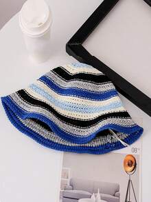 1pc Women's Summer New Knitted Rainbow Woven Bucket Hat, Fashion Versatile Breathable Sun Hat, Suitable For Outdoor Travel And Strolling - Ten Color Rainbow Straw Hat - View 3