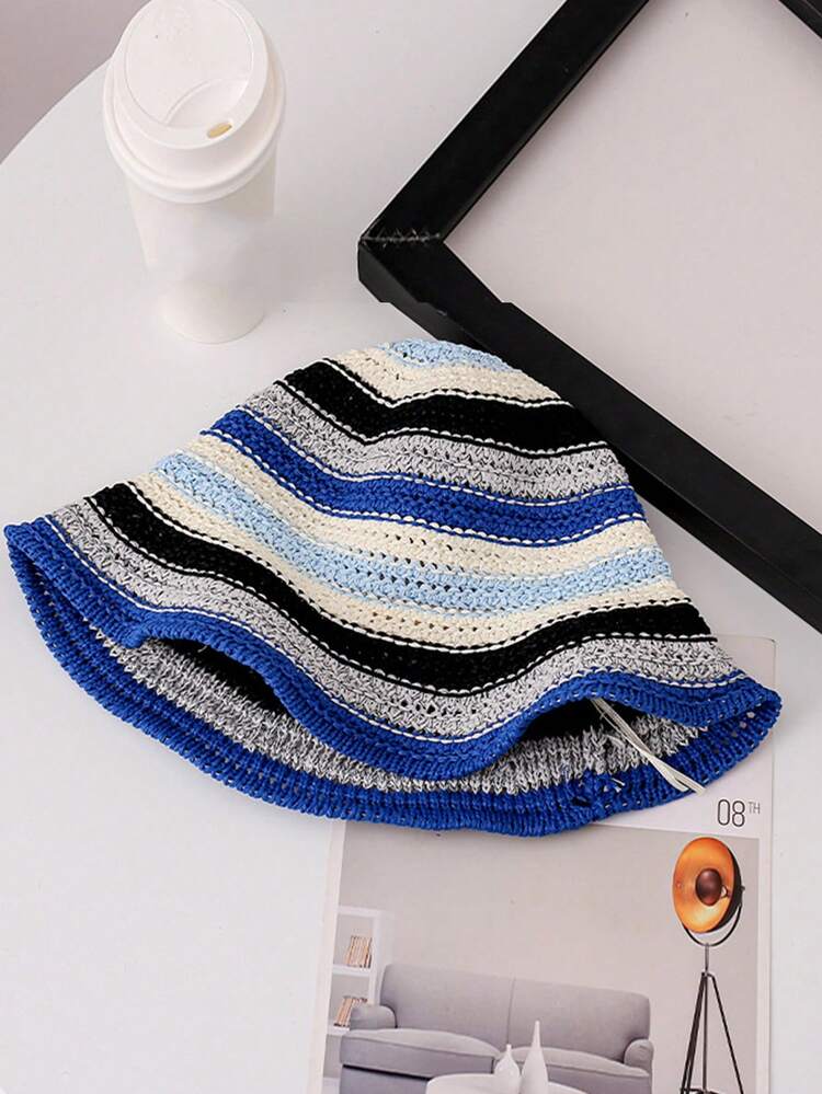 1 件女士夏季新款针织彩虹编织渔夫帽，时尚百搭透气遮阳帽，适合户外旅行和散步 - 十色彩虹草帽 - 查看 3