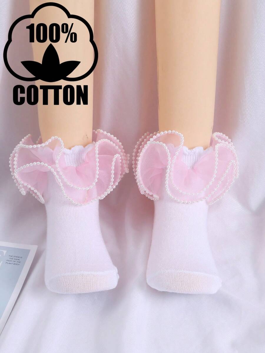 1 Pair Girls Pearl Ruffle Dance Ankle Socks, For Teens - Multicolor - View 1