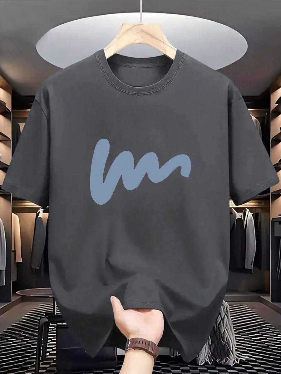 男士宽松休闲简约印花短袖T恤，夏季 - 深灰色 - 查看 1