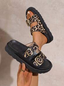 Women Buckle Decor PU Flat Sandals, Black, Leopard Print, Color Block, Platform Fashion Shoes, Beach Slide