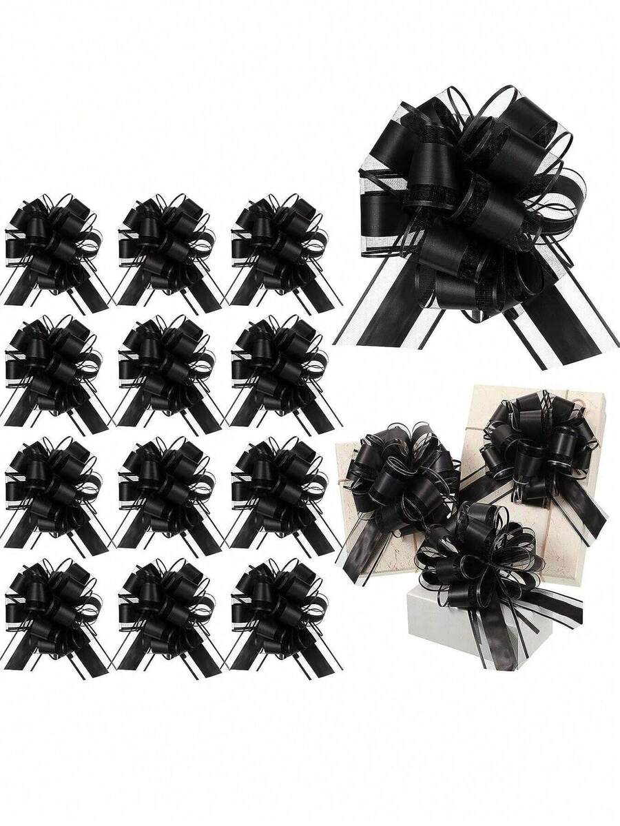 6 chiếc/1 cái - Nơ ruy băng kéo, Nơ ruy băng satin lớn dùng trang trí Giáng sinh, Nơ ruy băng tái sử dụng dùng cho hộp quà, trang trí, giỏ quà cưới, quà sinh nhật, quà Giáng sinh, đồ dùng tiệc Giáng sinh (Màu đen)