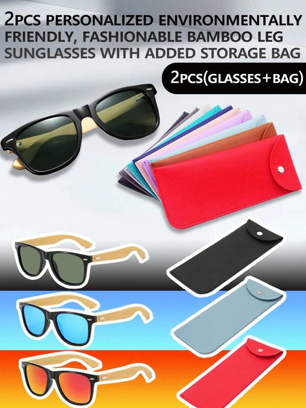 1/2 Set di occhiali da sole con montatura in bambù e borsa portatile a scatto, occhiali da festa, occhiali da sole estivi, borsa in pelle per occhiali, regali per compleanni, festa della mamma, vacanze, adatti per vacanze e viaggi al mare, set accessori per occhiali ideali