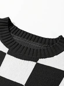 CILKOO Casual Round Neck Contrast Plaid Pattern Short Sleeve Wool Sweater Vest - Black - View 6