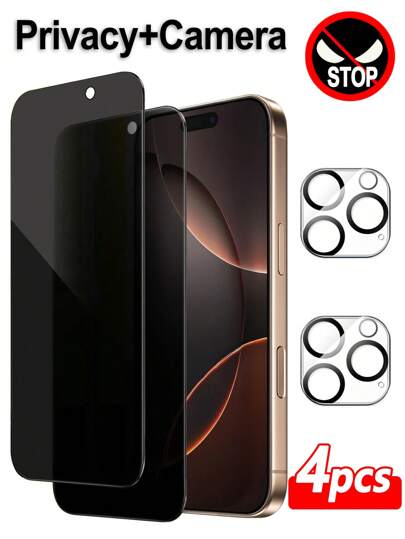 ZYONS 4 piezas/set Vidrio de privacidad (2 piezas) + Vidrio de lente de cámara (2 piezas) [Protección multicapa], compatible con iPhone 17 Pro Max 17 Pro 17 Air 17 16 Pro Max 16 Pro 16 Plus 16 16E 15 14 13 Mini 12 11 Series, Protector de lente de cámara, Cubierta de cámara, Anti-espionaje, Protección de privacidad