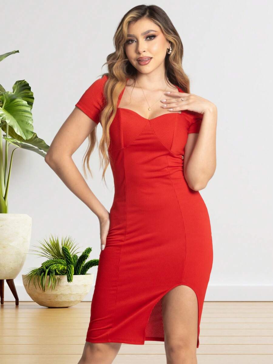 Vestido corto liso elegante para mujer con abertura en pierna - Rojo - Ver 1