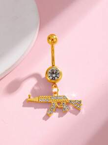 1pc Fashionable Belly Button Ring With Gun Shaped Pendant And Inlaid Rhinestone For Everyday Wear, For Women - pistol navel ring - View 5