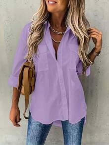 Plus Size Women's Solid Color Casual Loose Button-Up Utility Shirt - Purple - View 2