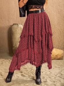 Rusttydustty 女士红色波点不对称层叠复古浪漫半身裙，适合假日、情人节、新年派对穿着 - 酒紅色 - 查看 5