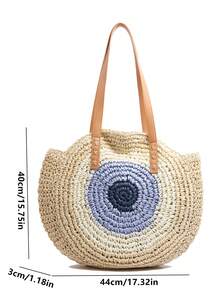 1 件新款度假风格撞色编织手提包，大容量沙滩包，单肩包，适合旅行和度假，可折叠且轻便