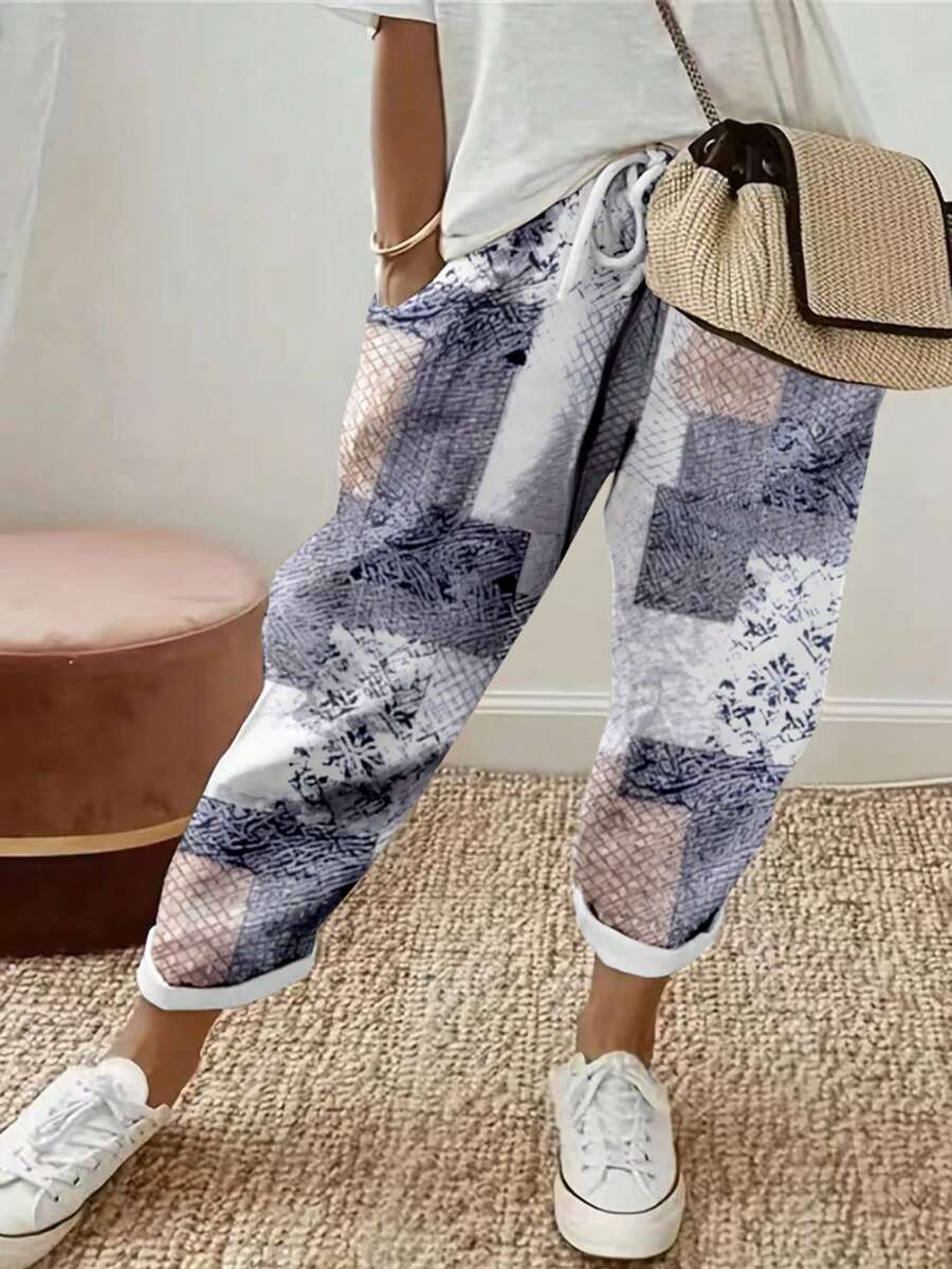 Plus Size Women's Printed Drawstring Harem Pants Vacation Spring - Color - View 1