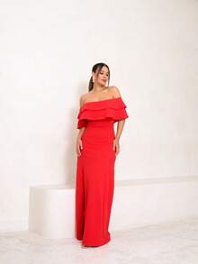 Long Off-The-Shoulder Mermaid Dress With Slit For Wedding Bridesmaid Bride Graduation And General Event - Red - View 1
