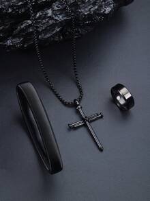 3pcs/Set Men' Jewelry Set,Necklace+Bracelet+Ring, Black Retro Style Cross Pendant Necklace,Religious Neck Jewelry,Perfect Jewelry Gift For Your Friends - A - View 8