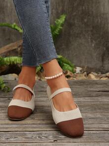 2025 Autumn Women Casual Soft Bottom Square Toe Elastic Band Color Block Flats, Suitable For Indoor And Outdoor Wear,Ballet Flats - Beige - View 7