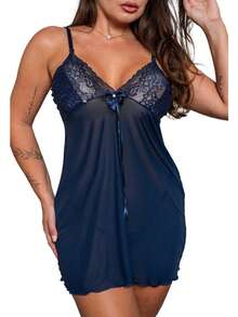 Sexy Transparent Tulle Nightgown With Panties - Navy Blue - View 3