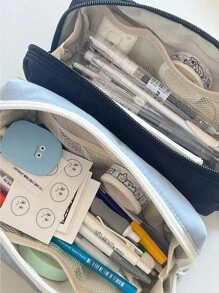 Pencil Case, Solid Color Pencil Box Black/Blue, Multi-Layer Stationery Bag, Student Stationery Storage Bag,Back To School,School Supplies,Pencil Pouch,School Bag