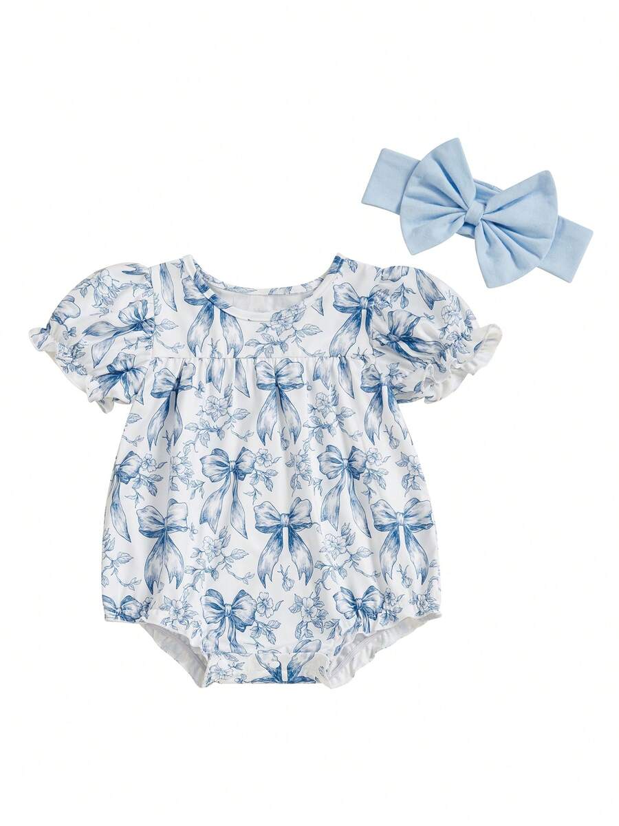 Baby Girl Bow Print Romper Ruffle Sleeve Bodysuit With Bow Headband Cute Summer Clothes 2Pcs Set - Blue - View 1