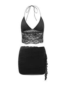 Women's Y2K 2 Piece Outfits Lace Skirt Set Sheer Lace Floral Spaghetti Strap Halter Cami Tank Tops Backless Sleeveless Camisole Crop Top And Ruched Mini Skirt Set Aesthetic Clothes Party Club Streetwear - 黑色 - 查看 3