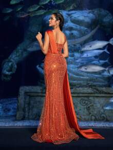 Faeriesty Haute Glamour Luxurious Beaded Sequin Formal Dress With High-Split Side Skirt & Satin Overlay – Perfect For Black Tie Galas, Art Gallery Dinners & Luxury Yacht Parties - Orange - View 3