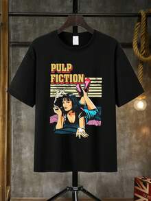 Men's Casual Letter & Cartoon Graphic T-Shirt, Minimalist Style Suitable For Summer - Black - View 1