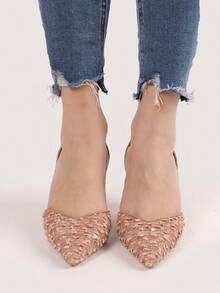 Tacones altos de color liso y prácticos con decoración de brillo para mujer - Caqui - Ver 2