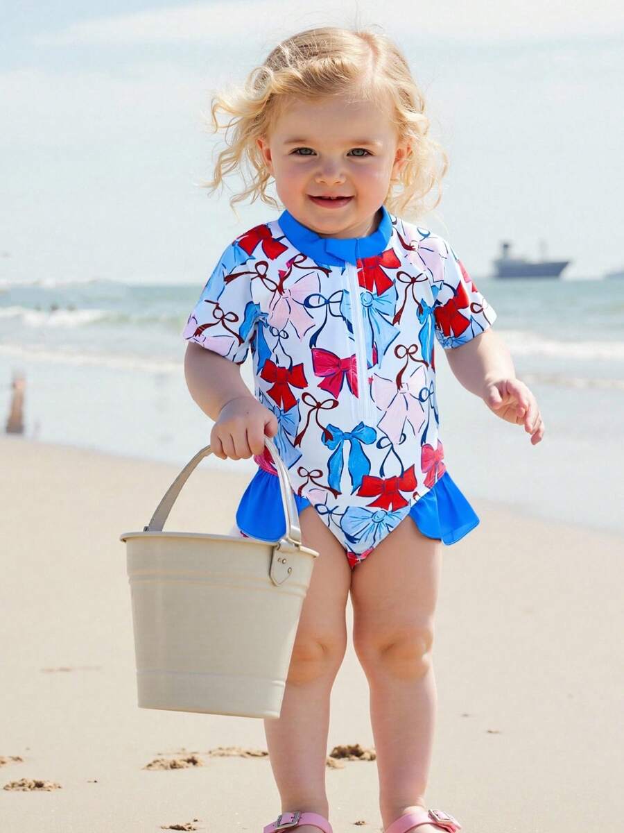 Baby Girl Rash Guard Swimsuits Short Sleeve Round Neck Ruffle Bathing Suit Toddler Swimwear - Blue - View 1