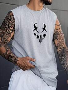 Men's Simple Print Round Neck Sleeveless Tank Top, Summer - Grey - View 1