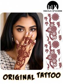 2 件装 Henna Mehndi 设计红棕色临时防水纹身贴纸，性感身体艺术花卉蕾丝图案纹身，适用于手、手指、脚，适合节日、派对、日常穿着