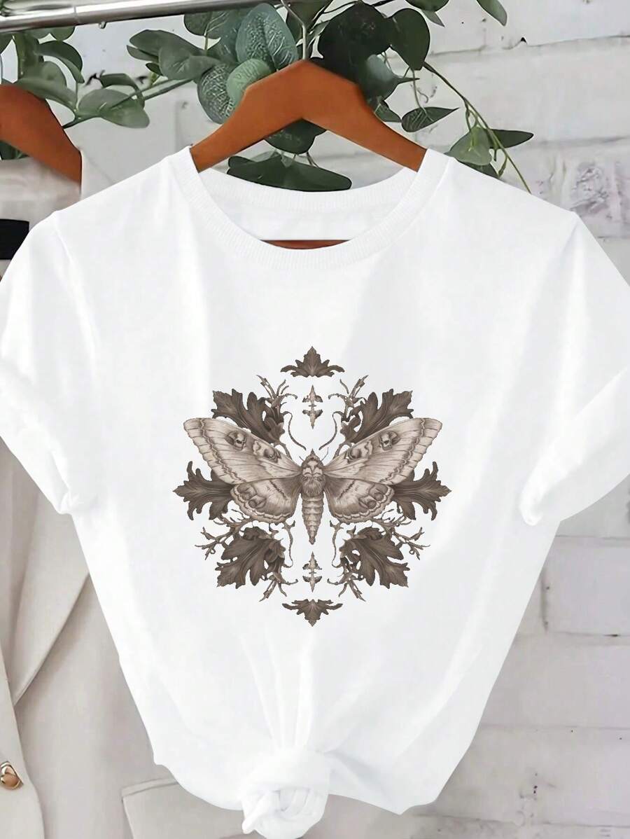 Skull Gothic Inspired Moth Pattern Pure Cotton Women's T-Shirt Comfort Fit