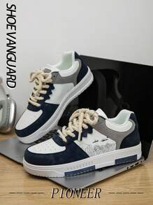 Men's Fashion Contrast Color Patchwork Random Printed Low-Top Skateboard Shoes, Romantic Campus Style Outdoor Walking Casual Sneakers