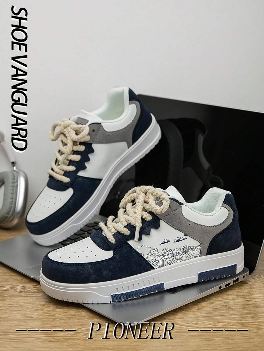 Men's Fashion Contrast Color Patchwork Random Printed Low-Top Skateboard Shoes, Romantic Campus Style Outdoor Walking Casual Sneakers