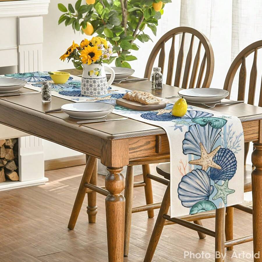 Seashell & Starfish Summer Tablecloth, Spring Ocean Theme Kitchen Dining Table Decor, Home Party Decoration - Blue - View 1