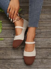 2025 Autumn Women Casual Soft Bottom Square Toe Elastic Band Color Block Flats, Suitable For Indoor And Outdoor Wear,Ballet Flats - Beige - View 4