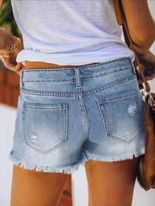 Summer Retro Fashion Bohemian Style Washed Ripped Frayed Loose Denim Shorts - Rửa nhẹ - Xem 5