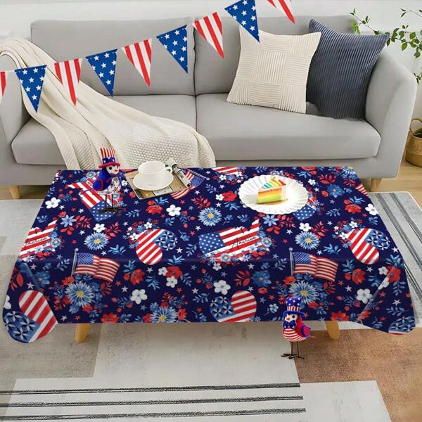 1pc Patriotic USA Flag Tablecloth, Heart Flag Floral Design, Polyester Fiber Tablecloth Suitable For 4th Of July, Memorial Day Celebration, Home, Kitchen, Dining Room, Picnic
