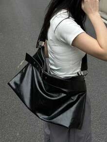 1pc Spacious Soft Leather-Feel Casual Tote Bag For Women, High-End Commute Everyday Carry Shoulder Bag With Unique Design, Retro Fashionable Versatile Underarm Bag, New Arrival Tote Bags For Woman - Black - View 3