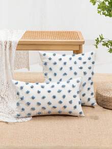 1/2pcs Blue Polka Dot Pillow Cover, Nordic Flannelette Embroidered Tassel Cushion Case For Bedroom, Living Room, Sofa, Garden Chair, Waist Pillow, Ins Style, All Season, 30*50cm, 45*45cm - Blue - View 4