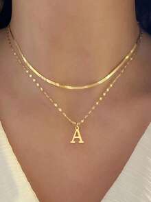 2pcs/Set Minimalist Stainless Steel Letter, Herringbone, Lip Chain Layered Necklace For Women