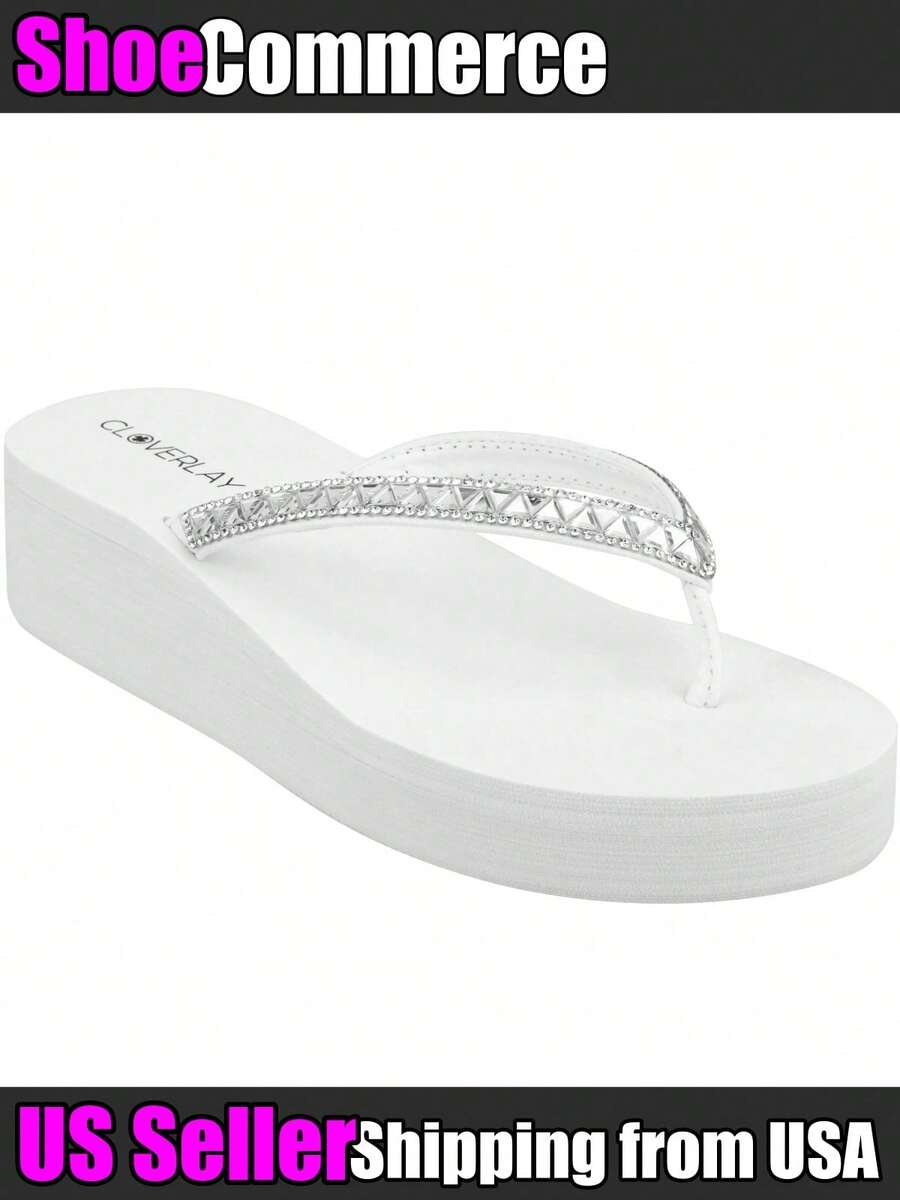 Women Rhinestone Decor Flip Flops Glamorous  Flip Flops Toe Post Vacation Fashion Black Flip Flops  Fashion Sandals Summer Shoes - White - View 1
