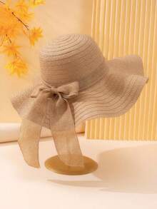 1 Pc Fashion Ruffled Bow Sun Hat - Perfect For Outdoor Beach Vacation And Sun Protection! - Bow Lala Straw Hat - View 1