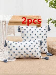 1/2pcs Blue Polka Dot Pillow Cover, Nordic Flannelette Embroidered Tassel Cushion Case For Bedroom, Living Room, Sofa, Garden Chair, Waist Pillow, Ins Style, All Season, 30*50cm, 45*45cm - Blue - View 15
