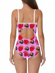 1pc Custom Women One-Piece Swimsuit, Strap Hollow-Out Swimwear, Women Pink Strawberry High Waist Sleeveless Swimming Costume For Pool, Beach, Holiday, Girls Swimsuit