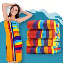 1 Piece Extra Large Striped Beach Towel With Blue Turtle & Starfish Design, Bohemian Style Beach Cover Up, Super Soft & Absorbent, Quick Drying, Vibrant Stripes, Suitable For Travel, Yoga, Camping, Swimming - Perfect Bath Towel, Camping Gear | Tropical Style | Polyester Blend Summer Travel, Vacation Holiday Bathroom Decor Beach Essentials