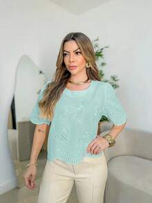Elegant Women's Blouse Short Sleeve With Stylish Social Lace - 綠色 - 查看 1